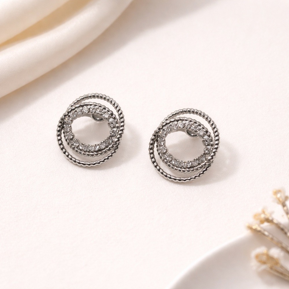 EJ Sense Silver Double Hoop Stud Earrings‎ Textured Circle Design